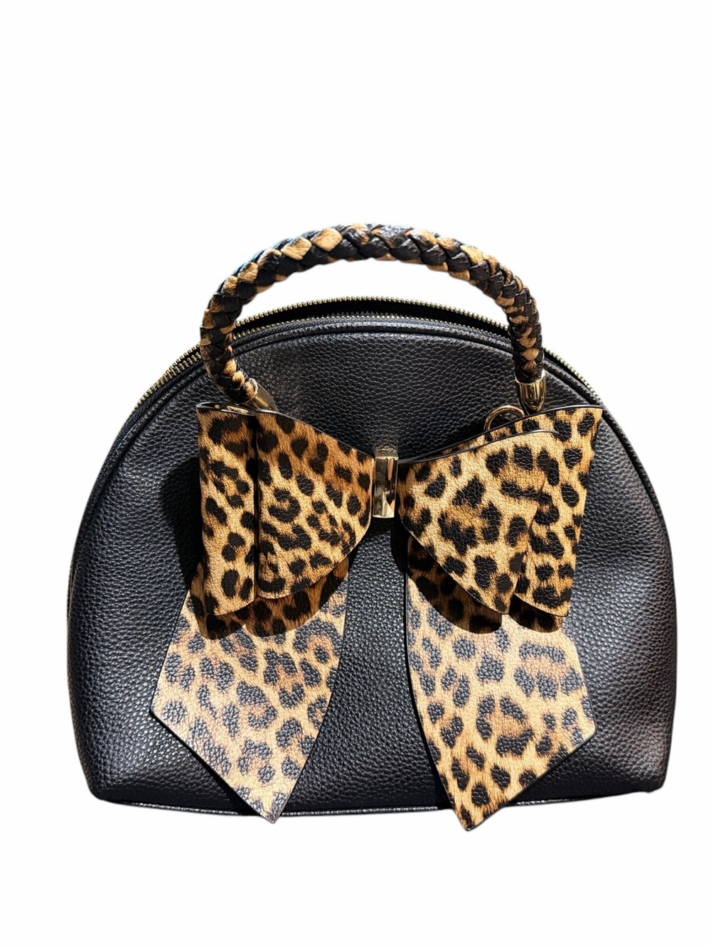 Black Mini Dome Bag with Braided Handle & Leopard Bow